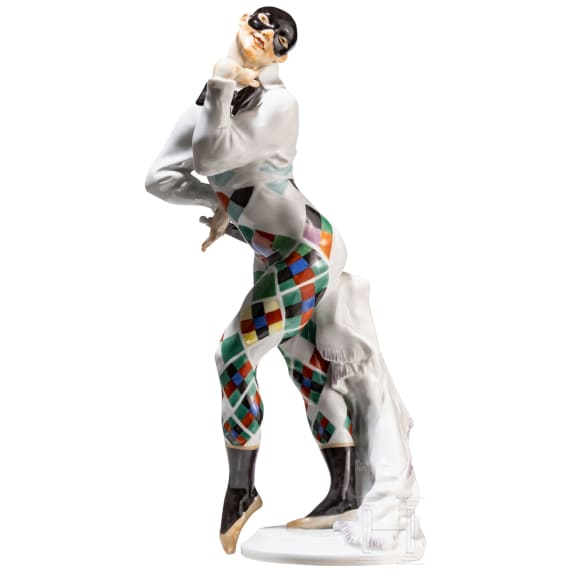 A porcelain dancer figure "Bajazzo" based on characters from the ballet "Le Carnaval", Paul Scheurich, 1919 (design), Meissen, mid-20th century (finish)