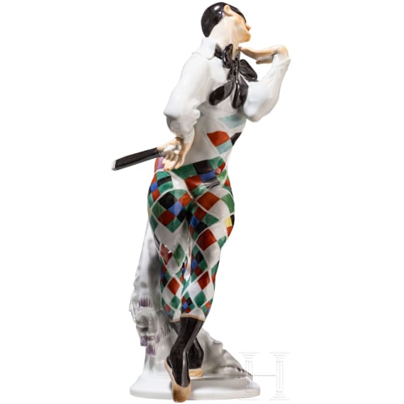 A porcelain dancer figure "Bajazzo" based on characters from the ballet "Le Carnaval", Paul Scheurich, 1919 (design), Meissen, mid-20th century (finish)