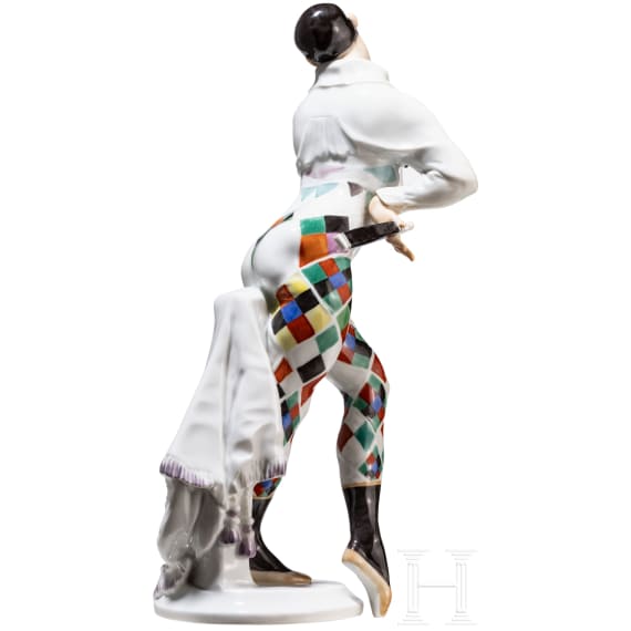 A porcelain dancer figure "Bajazzo" based on characters from the ballet "Le Carnaval", Paul Scheurich, 1919 (design), Meissen, mid-20th century (finish)