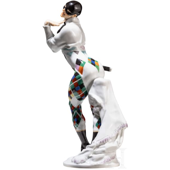 A porcelain dancer figure "Bajazzo" based on characters from the ballet "Le Carnaval", Paul Scheurich, 1919 (design), Meissen, mid-20th century (finish)