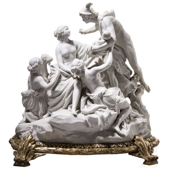 A large gilt-bronze mounted biscuit porcelain group "Hermes carries Dionysos to a nymph", probably Sevres