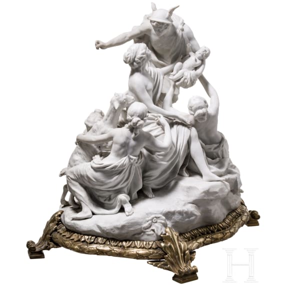 A large gilt-bronze mounted biscuit porcelain group "Hermes carries Dionysos to a nymph", probably Sevres