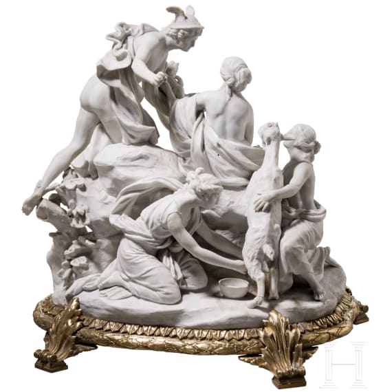 A large gilt-bronze mounted biscuit porcelain group "Hermes carries Dionysos to a nymph", probably Sevres