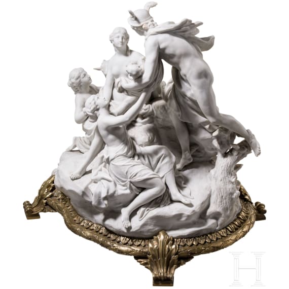 A large gilt-bronze mounted biscuit porcelain group "Hermes carries Dionysos to a nymph", probably Sevres