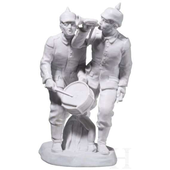 A rare biscuit porcelain group "Two Infantry soldiers with horn and drum", probably Alfred K&ouml;nig, 1916-18 (design), Meissen, 1916-23 (finish)
