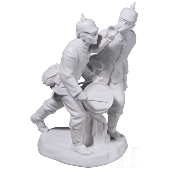 A rare biscuit porcelain group "Two Infantry soldiers with horn and drum", probably Alfred K&ouml;nig, 1916-18 (design), Meissen, 1916-23 (finish)