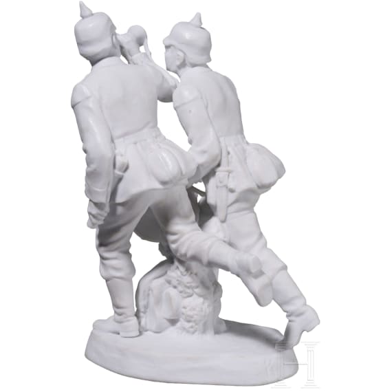 A rare biscuit porcelain group "Two Infantry soldiers with horn and drum", probably Alfred K&ouml;nig, 1916-18 (design), Meissen, 1916-23 (finish)