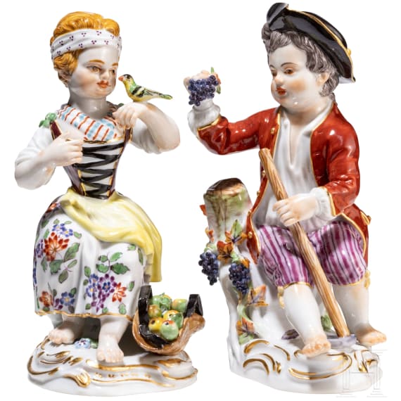 Two porcelain gardener children, Johann Joachim Kaendler, circa 1750 (design), Meissen, 20th century (finish)