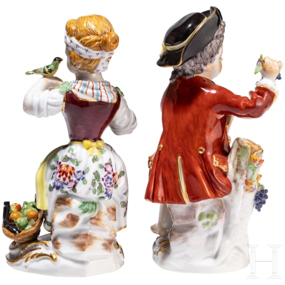 Two porcelain gardener children, Johann Joachim Kaendler, circa 1750 (design), Meissen, 20th century (finish)
