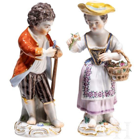 Two porcelain gardener children, Johann Joachim Kaendler, circa 1750 (design), Meissen, 20th century (finish)
