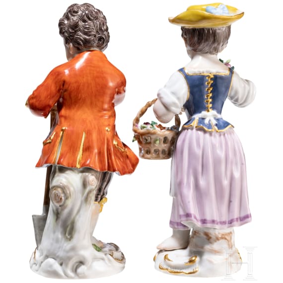 Two porcelain gardener children, Johann Joachim Kaendler, circa 1750 (design), Meissen, 20th century (finish)
