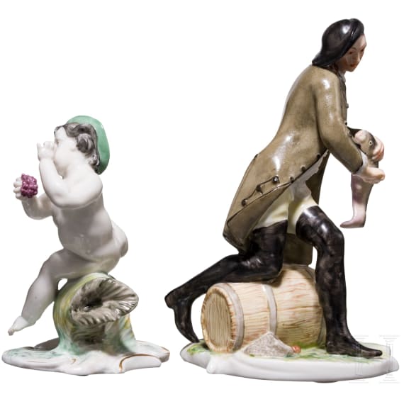 A porcelain fishermen, Franz Anton Bustelli (design) and a putto with grapes ("Autumn"), Nymphenburg, 20th century