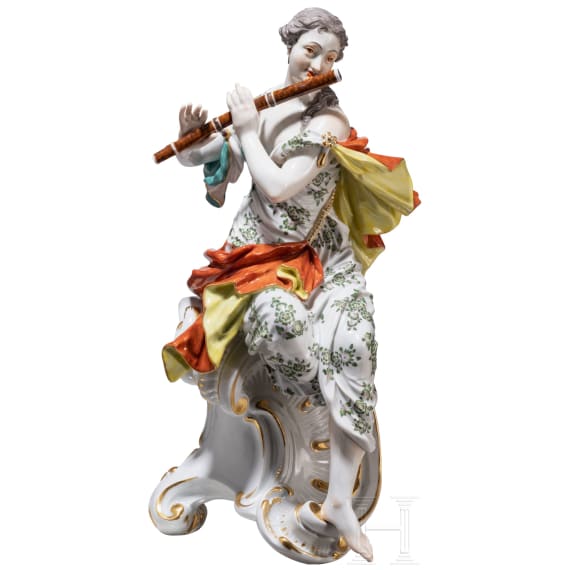 A large and rare porcelain figure "Euterpe" from the series of the Muses, Johann Joachim Kaendler, 1748 (design), Meissen 20th century (finish)