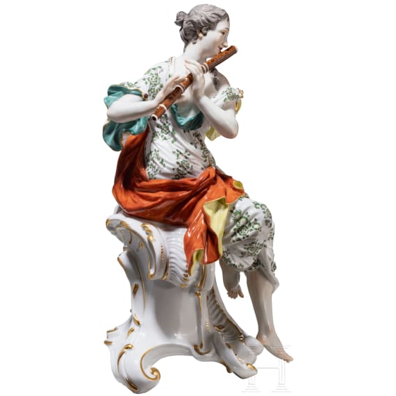 A large and rare porcelain figure "Euterpe" from the series of the Muses, Johann Joachim Kaendler, 1748 (design), Meissen 20th century (finish)