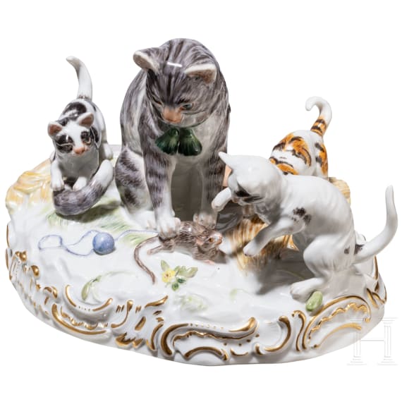 A rare porcelain cat group, Carl Richard Schneider, 1880 (design), Meissen, before 1924 (finish)