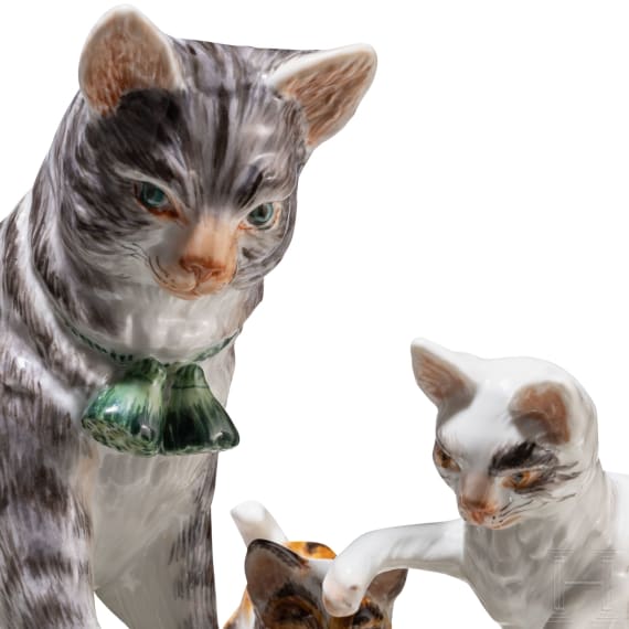 A rare porcelain cat group, Carl Richard Schneider, 1880 (design), Meissen, before 1924 (finish)
