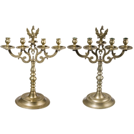A pair of Prussian or Silesian brass candelabras, mid-18th century