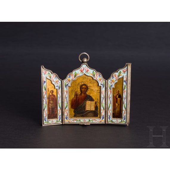 A Russian silver-gilt and cloisonn&eacute;-enamel triptych icon showing Christ Pantokrator, Moscow, Maria Semenova, 1896 - 1908