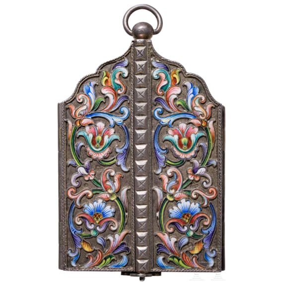 A Russian silver-gilt and cloisonn&eacute;-enamel triptych icon showing Christ Pantokrator, Moscow, Maria Semenova, 1896 - 1908
