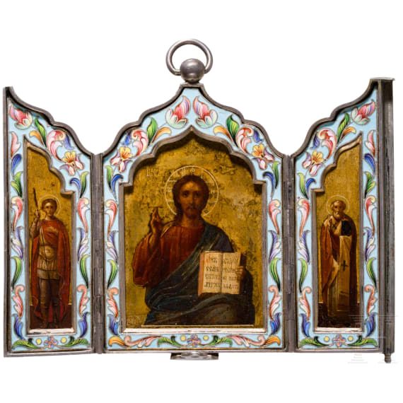 A Russian silver-gilt and cloisonn&eacute;-enamel triptych icon showing Christ Pantokrator, Moscow, Maria Semenova, 1896 - 1908