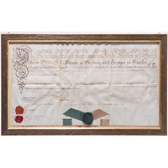 Jagdliche Urkunde auf Pergament, W&uuml;rzburg, dat. 8. Februar 1797