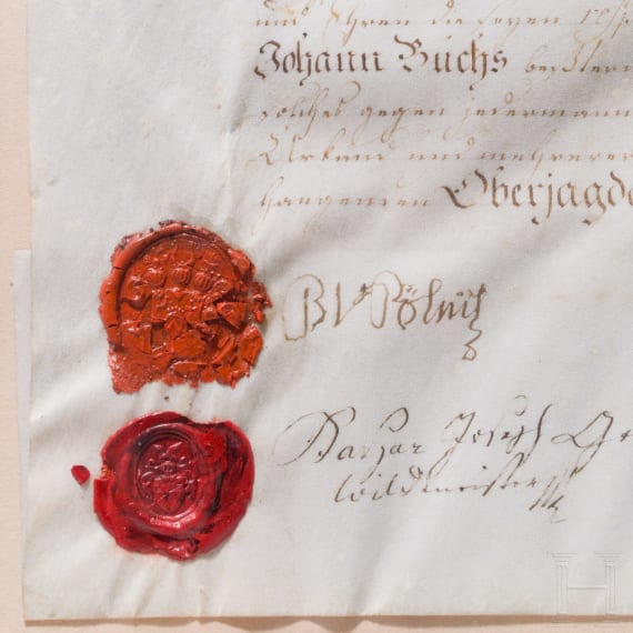 Jagdliche Urkunde auf Pergament, W&uuml;rzburg, dat. 8. Februar 1797