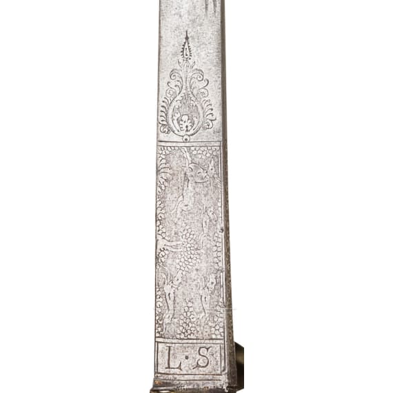 Gro&szlig;er Hirschf&auml;nger mit ge&auml;tzter Klinge, deutsch, 1. H&auml;lfte 18. Jhdt.