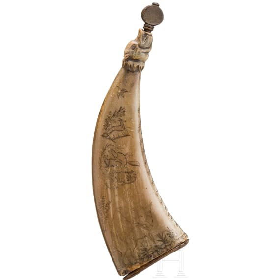 Jagdlich graviertes Pulverhorn, deutsch, 18. Jhdt.