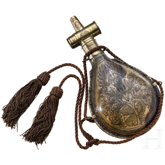 Gro&szlig;e Horn-Pulverflasche, &Ouml;sterreich, um 1830