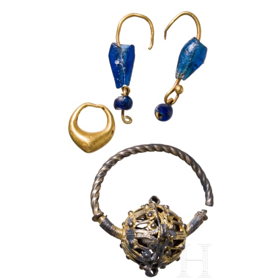 Fr&uuml;hgriechischer Ohring, Paar r&ouml;mischer Ohrringe, sp&auml;tmittelalterlicher Ohrring, 7. Jhdt. v Chr. - 13. Jhdt. n. Chr.