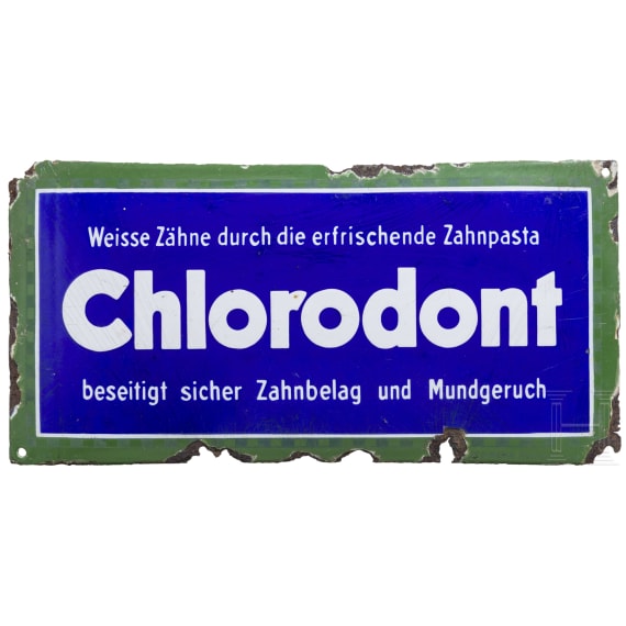 Email-Reklameschild Chlorodant Zahnpasta, Boos & Hahn, Ortenberg -Baden, 1920er Jahre
