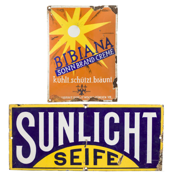 Zwei Reklameschilder (Emailschilder) "Sunlicht Seife" und "Bibiana Sonnenbrand-Creme",1920er Jahre