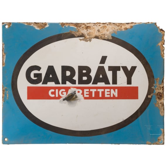 Zwei Emailleschilder "Perutz Photo" und "Garbaty Cigaretten", 1920er Jahre
