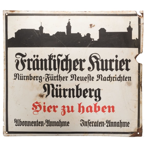 Zwei Emailleschilder "Fr&auml;nkischer Kurier" und "Berliner Tagesblatt", 1920er Jahre
