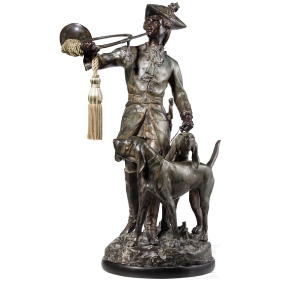 Galvanoplastik eines J&auml;gers mit Hunden nach Hippolyte Fran&ccedil;ois Moreau (1832 - 1927), deutsch oder franz&ouml;sisch, 20. Jhdt.