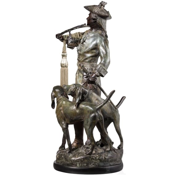 Galvanoplastik eines J&auml;gers mit Hunden nach Hippolyte Fran&ccedil;ois Moreau (1832 - 1927), deutsch oder franz&ouml;sisch, 20. Jhdt.