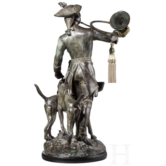 Galvanoplastik eines J&auml;gers mit Hunden nach Hippolyte Fran&ccedil;ois Moreau (1832 - 1927), deutsch oder franz&ouml;sisch, 20. Jhdt.