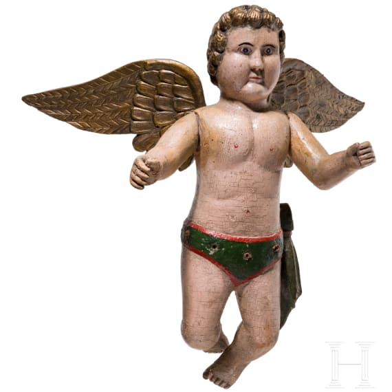 A floating wooden putto, German, probably 18th/19th century