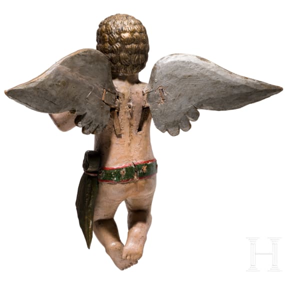 A floating wooden putto, German, probably 18th/19th century