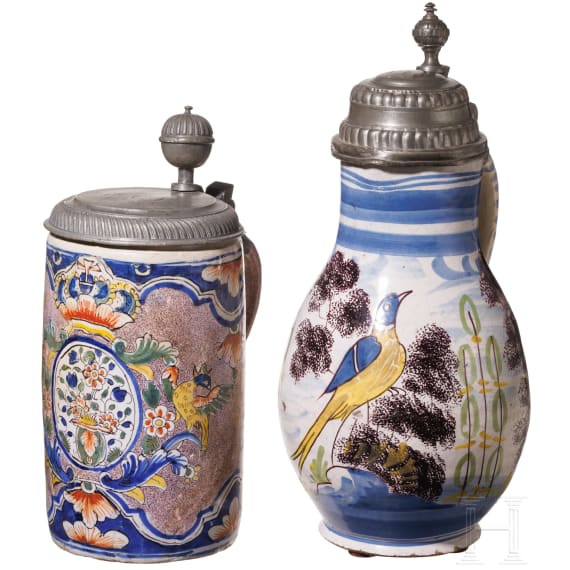 Two pewter-mounted faience jugs, Thuringia/Hanau, 18th century