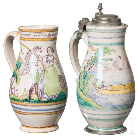 Two pewter-mounted faience jugs, 19th century