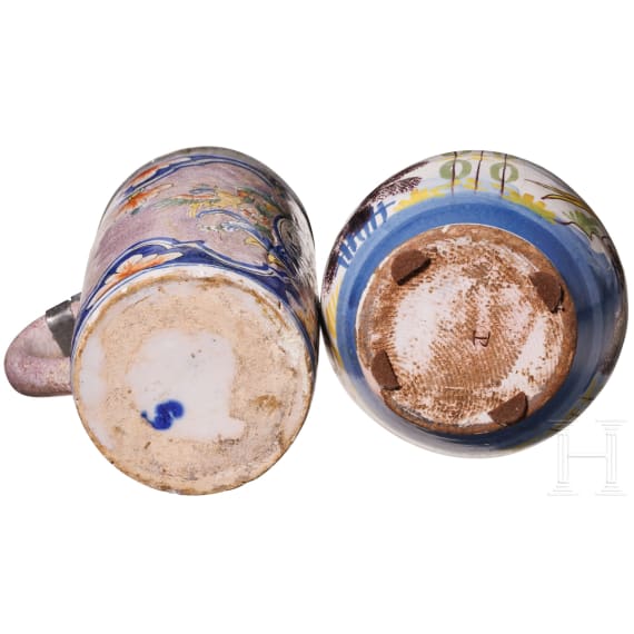 Two pewter-mounted faience jugs, Thuringia/Hanau, 18th century