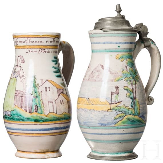 Two pewter-mounted faience jugs, 19th century