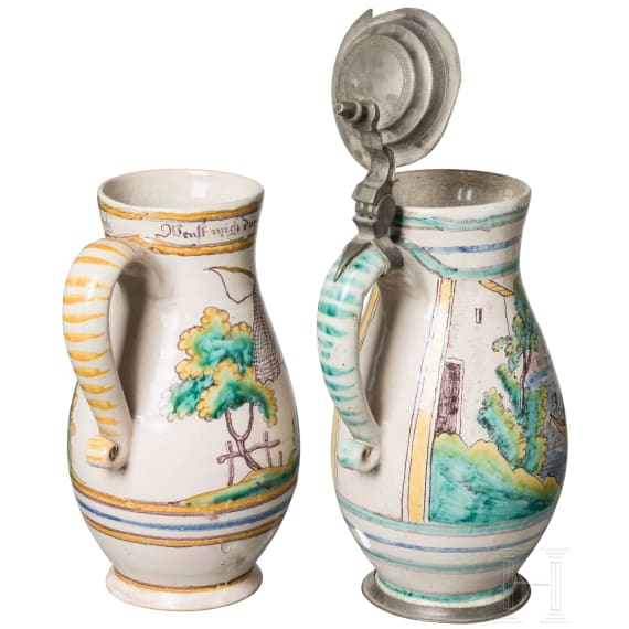 Two pewter-mounted faience jugs, 19th century
