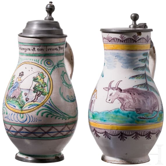 Two pewter-mounted faience jugs, Gmunden, circa 1800