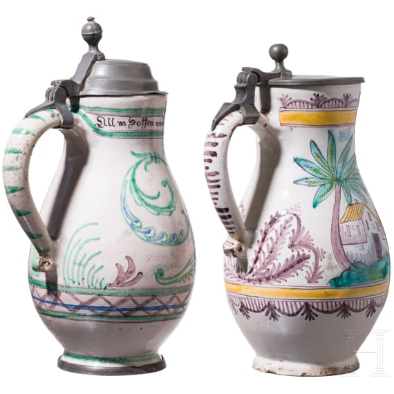 Two pewter-mounted faience jugs, Gmunden, circa 1800