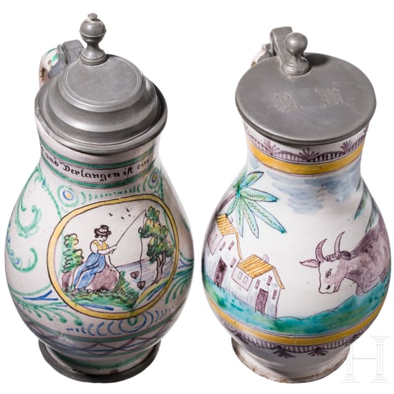 Two pewter-mounted faience jugs, Gmunden, circa 1800
