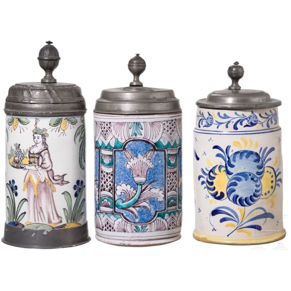 Three pewter-mounted faicene jugs, Bayreuth (one), 2nd half of the 18th century /19th century (one)