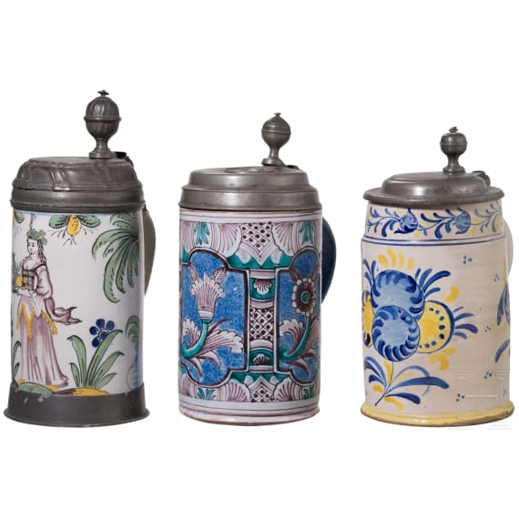 Three pewter-mounted faicene jugs, Bayreuth (one), 2nd half of the 18th century /19th century (one)