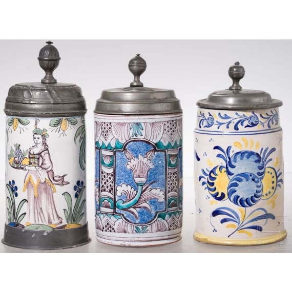 Three pewter-mounted faicene jugs, Bayreuth (one), 2nd half of the 18th century /19th century (one)